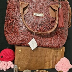 Leather, Brown Shoulder Bag with Intricate Designs